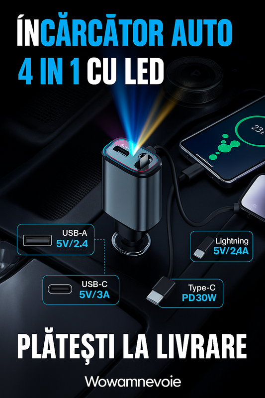 Încărcător Auto 4 în 1 cu LED – Turbo Charge + Cabluri Retractabile