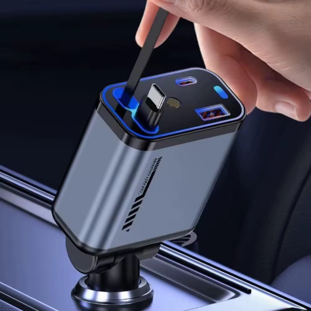 Încărcător Auto 4 în 1 cu LED – Turbo Charge + Cabluri Retractabile