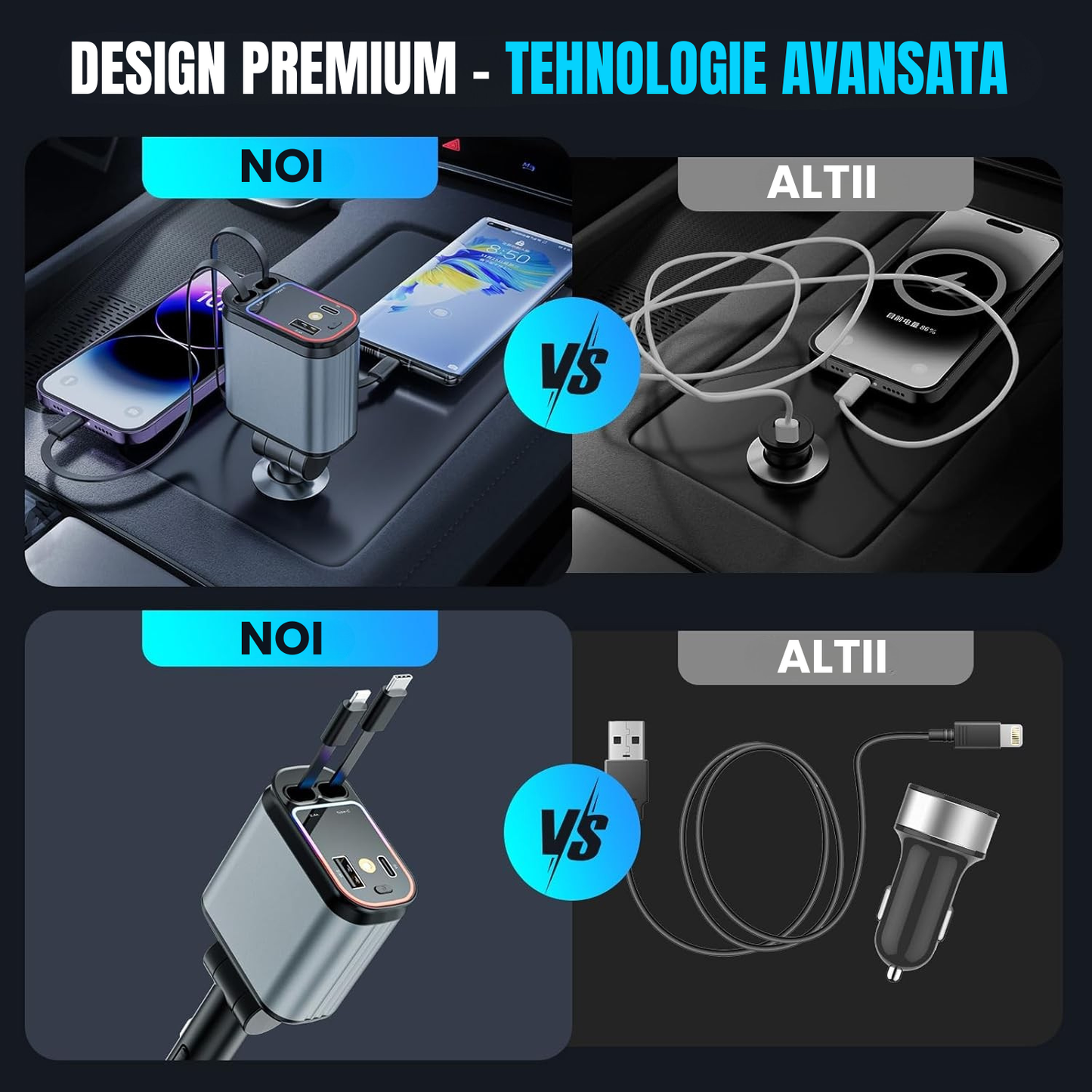 Încărcător Auto 4 în 1 cu LED – Turbo Charge + Cabluri Retractabile